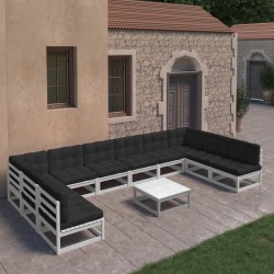 11-tlg. Garten-Lounge-Set mit Kissen Weiß Kiefer Massivholz