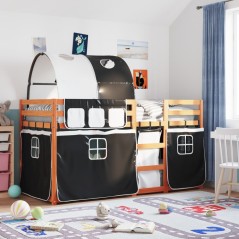 vidaXL Etagenbett mit Vorhängen Weiß Schwarz 90x200 cm Kiefernholz
