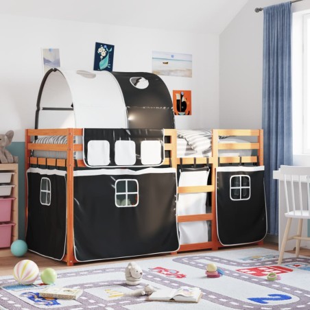 vidaXL Etagenbett mit Vorhängen Weiß Schwarz 90x200 cm Kiefernholz
