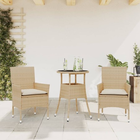 vidaXL 3-tlg. Garten-Essgruppe mit Kissen Beige Poly Rattan und Glas