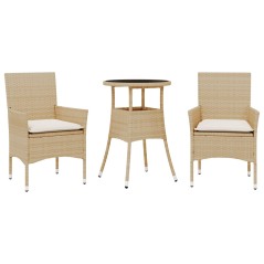 vidaXL 3-tlg. Garten-Essgruppe mit Kissen Beige Poly Rattan und Glas