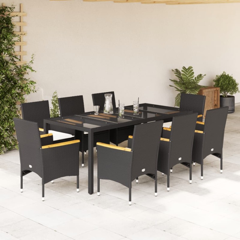 vidaXL 9-tlg. Garten-Essgruppe mit Kissen Schwarz Poly Rattan und Glas vidaXL 9-tlg. Garten-Essgruppe mit Kissen Schwarz Poly Rattan und Glas