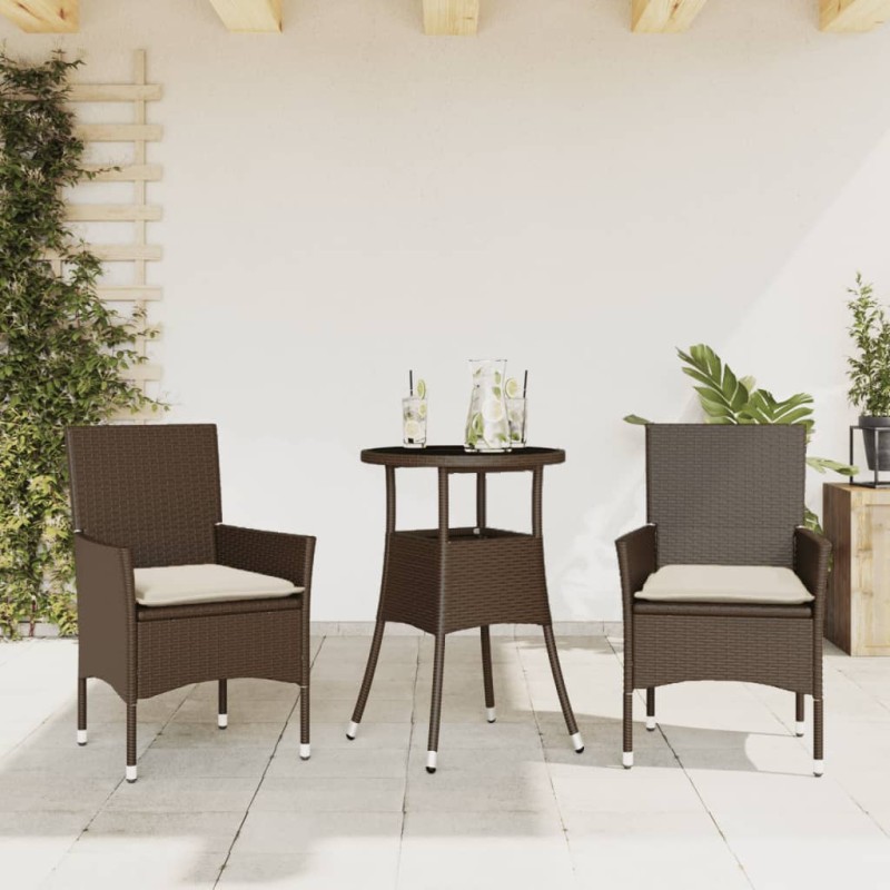vidaXL 3-tlg. Garten-Essgruppe mit Kissen Braun Poly Rattan Glas vidaXL 3-tlg. Garten-Essgruppe mit Kissen Braun Poly Rattan Glas