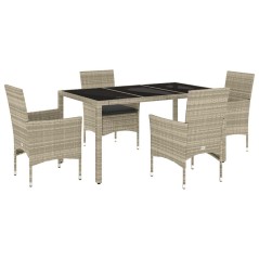 vidaXL 5-tlg. Garten-Essgruppe mit Kissen Hellgrau Poly Rattan Glas