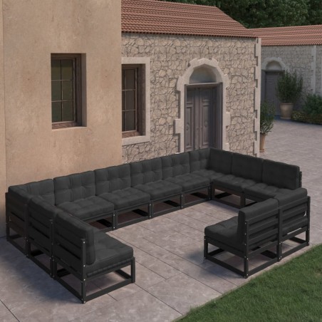 12-tlg. Garten-Lounge-Set mit Kissen Schwarz Kiefer Massivholz