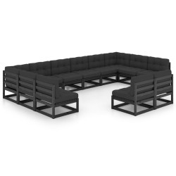 12-tlg. Garten-Lounge-Set mit Kissen Schwarz Kiefer Massivholz