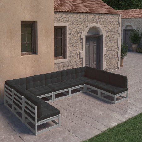 9-tlg. Garten-Lounge-Set mit Kissen Grau Kiefer Massivholz