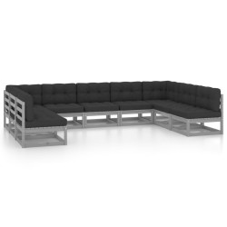 9-tlg. Garten-Lounge-Set mit Kissen Grau Kiefer Massivholz