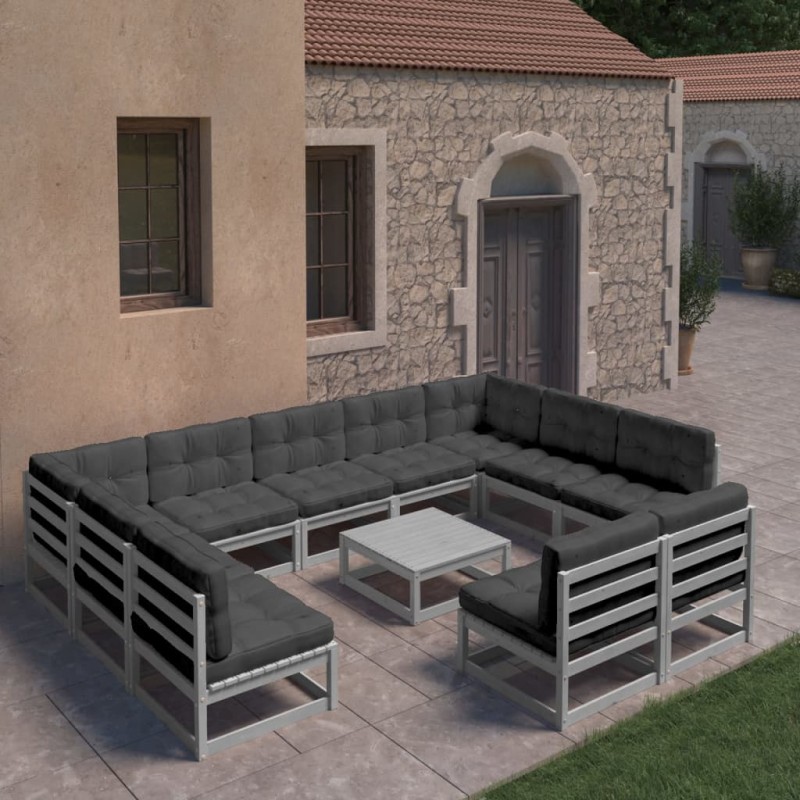 12-tlg. Garten-Lounge-Set mit Kissen Grau Kiefer Massivholz 12-tlg. Garten-Lounge-Set mit Kissen Grau Kiefer Massivholz