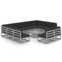 12-tlg. Garten-Lounge-Set mit Kissen Grau Kiefer Massivholz