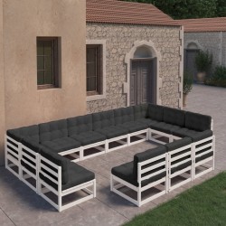 13-tlg. Garten-Lounge-Set mit Kissen Weiß Kiefer Massivholz