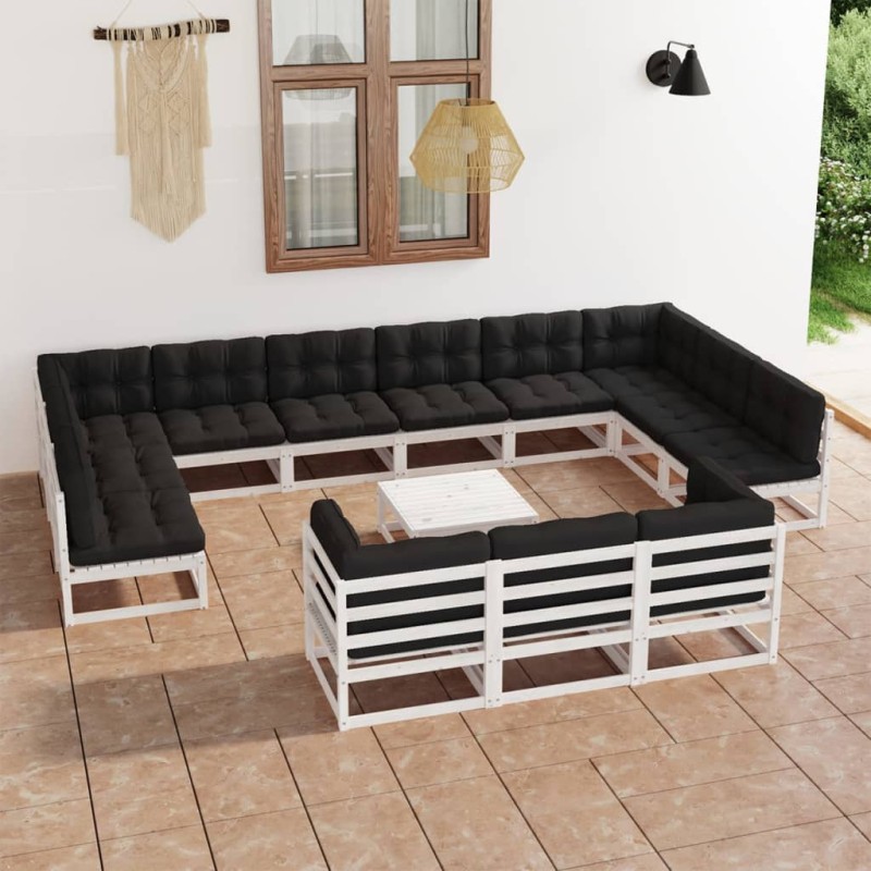 14-tlg. Garten-Lounge-Set mit Kissen Weiß Kiefer Massivholz 14-tlg. Garten-Lounge-Set mit Kissen Weiß Kiefer Massivholz