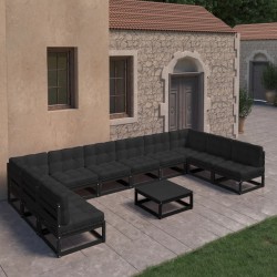 11-tlg. Garten-Lounge-Set mit Kissen Schwarz Massivholz Kiefer