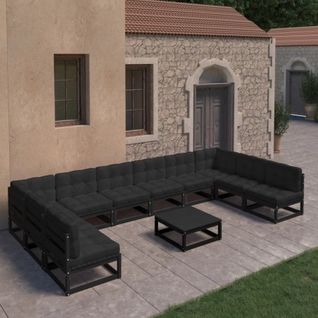 11-tlg. Garten-Lounge-Set mit Kissen Schwarz Massivholz Kiefer