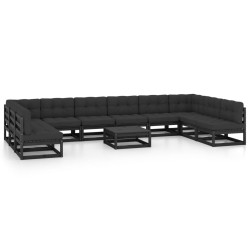 11-tlg. Garten-Lounge-Set mit Kissen Schwarz Massivholz Kiefer