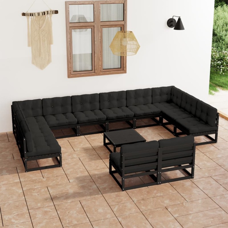vidaXL 13-tlg. Garten-Lounge-Set mit Kissen Schwarz Massivholz Kiefer vidaXL 13-tlg. Garten-Lounge-Set mit Kissen Schwarz Massivholz Kiefer