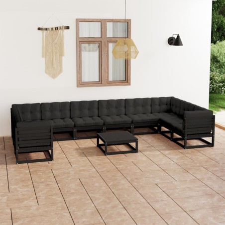 11-tlg. Garten-Lounge-Set mit Kissen Schwarz Massivholz Kiefer
