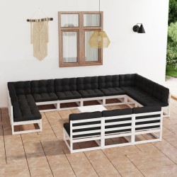 14-tlg. Garten-Lounge-Set mit Kissen Weiß Kiefer Massivholz
