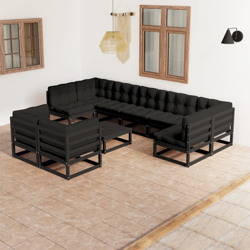 10-tlg. Garten-Lounge-Set mit Kissen Schwarz Kiefer Massivholz 10-tlg. Garten-Lounge-Set mit Kissen Schwarz Kiefer Massivholz