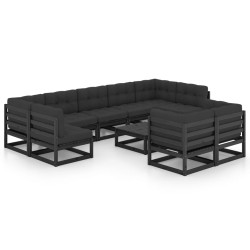 10-tlg. Garten-Lounge-Set mit Kissen Schwarz Kiefer Massivholz