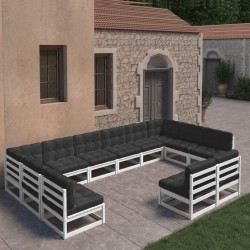 12-tlg. Garten-Lounge-Set mit Kissen Weiß Kiefer Massivholz