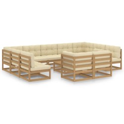 12-tlg. Garten-Lounge-Set Kissen Honigbraun Kiefer Massivholz
