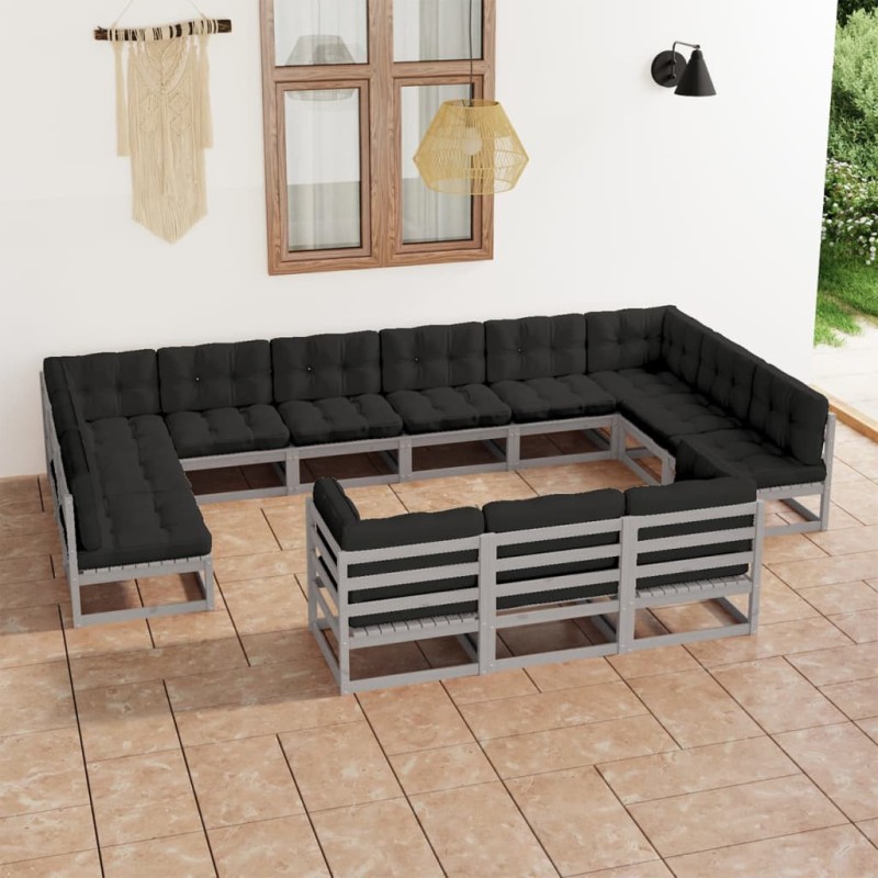 13-tlg. Garten-Lounge-Set mit Kissen Grau Kiefer Massivholz 13-tlg. Garten-Lounge-Set mit Kissen Grau Kiefer Massivholz