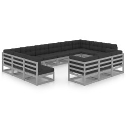 13-tlg. Garten-Lounge-Set mit Kissen Grau Kiefer Massivholz