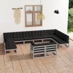 vidaXL 12-tlg. Garten-Lounge-Set mit Kissen Grau Massivholz Kiefer
