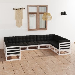 9-tlg. Garten-Lounge-Set mit Kissen Weiß Kiefer Massivholz