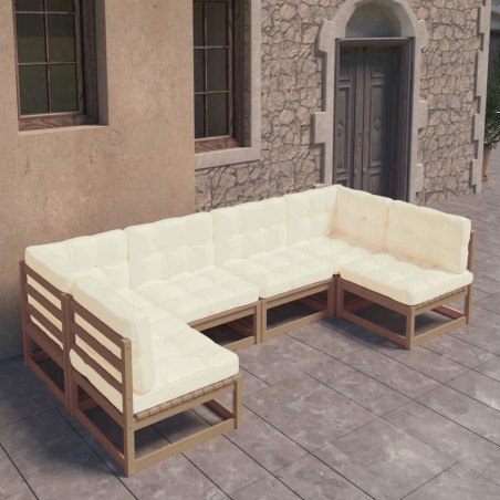 6-tlg. Garten-Lounge-Set Kissen Honigbraun Kiefer Massivholz