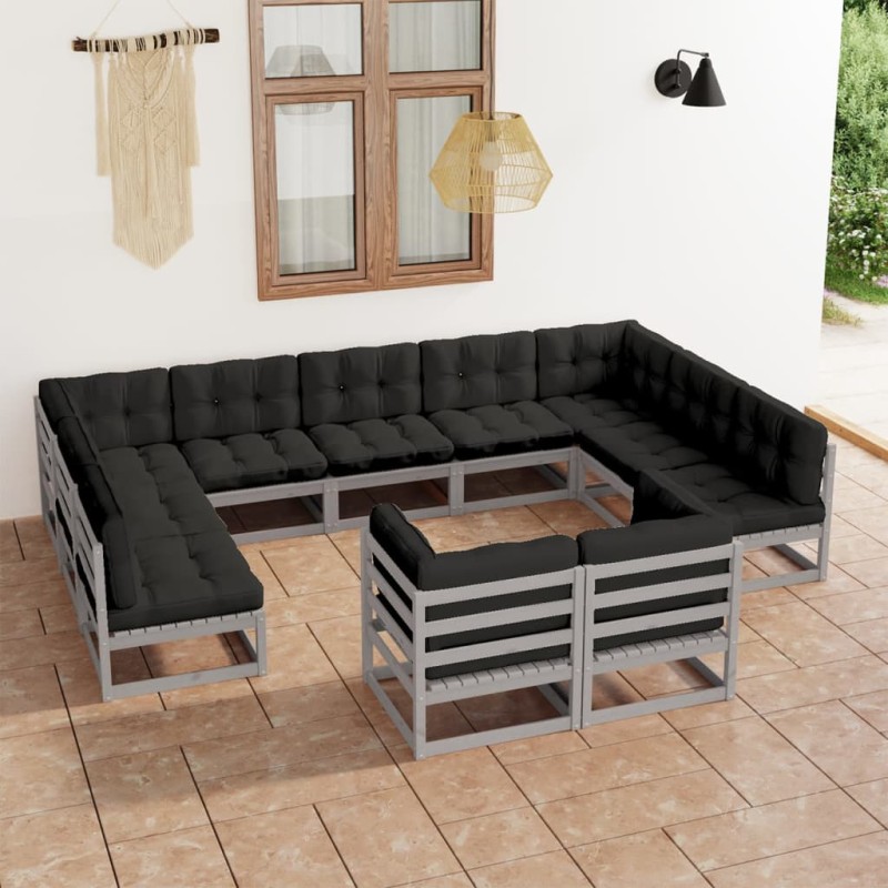 11-tlg. Garten-Lounge-Set mit Kissen Grau Kiefer Massivholz 11-tlg. Garten-Lounge-Set mit Kissen Grau Kiefer Massivholz