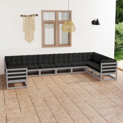 10-tlg. Garten-Lounge-Set mit Kissen Grau Kiefer Massivholz