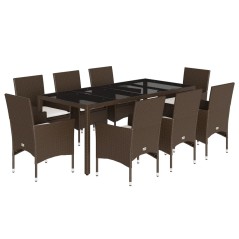 vidaXL 9-tlg. Garten-Essgruppe mit Kissen Braun Poly Rattan Glas