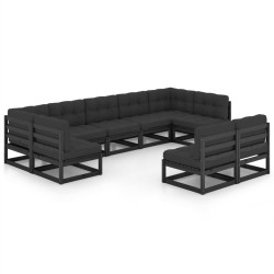 9-tlg. Garten-Lounge-Set mit Kissen Schwarz Massivholz Kiefer