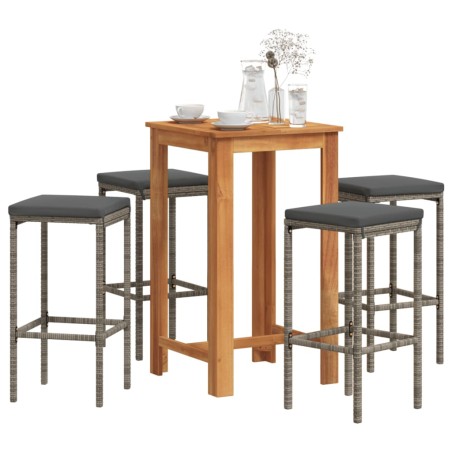 vidaXL 5-tlg. Gartenbar-Set Grau Massivholz Akazie und Poly Rattan