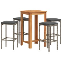 vidaXL 5-tlg. Gartenbar-Set Grau Massivholz Akazie und Poly Rattan