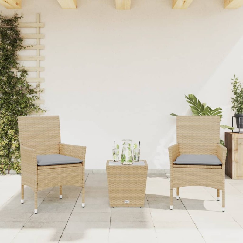 vidaXL 3-tlg. Bistro-Set mit Kissen Beige Poly Rattan und Glas vidaXL 3-tlg. Bistro-Set mit Kissen Beige Poly Rattan und Glas