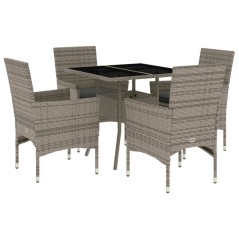 vidaXL 5-tlg. Garten-Essgruppe mit Kissen Grau Poly Rattan und Glas