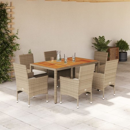 vidaXL 7-tlg. Garten-Essgruppe mit Kissen Beige Poly Rattan Akazie