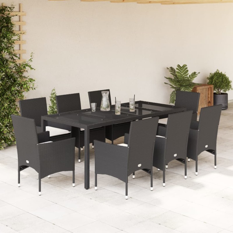vidaXL 9-tlg. Garten-Essgruppe mit Kissen Schwarz Poly Rattan und Glas vidaXL 9-tlg. Garten-Essgruppe mit Kissen Schwarz Poly Rattan und Glas