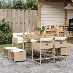 vidaXL 9-tlg. Garten-Essgruppe mit Kissen Beige Poly Rattan