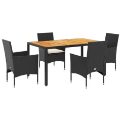 vidaXL 5-tlg. Garten-Essgruppe mit Kissen Schwarz Poly Rattan Akazie