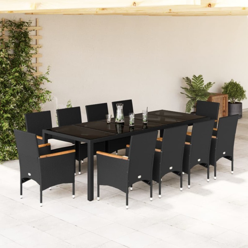 vidaXL 11-tlg. Garten-Essgruppe mit Kissen Schwarz Poly Rattan Glas vidaXL 11-tlg. Garten-Essgruppe mit Kissen Schwarz Poly Rattan Glas