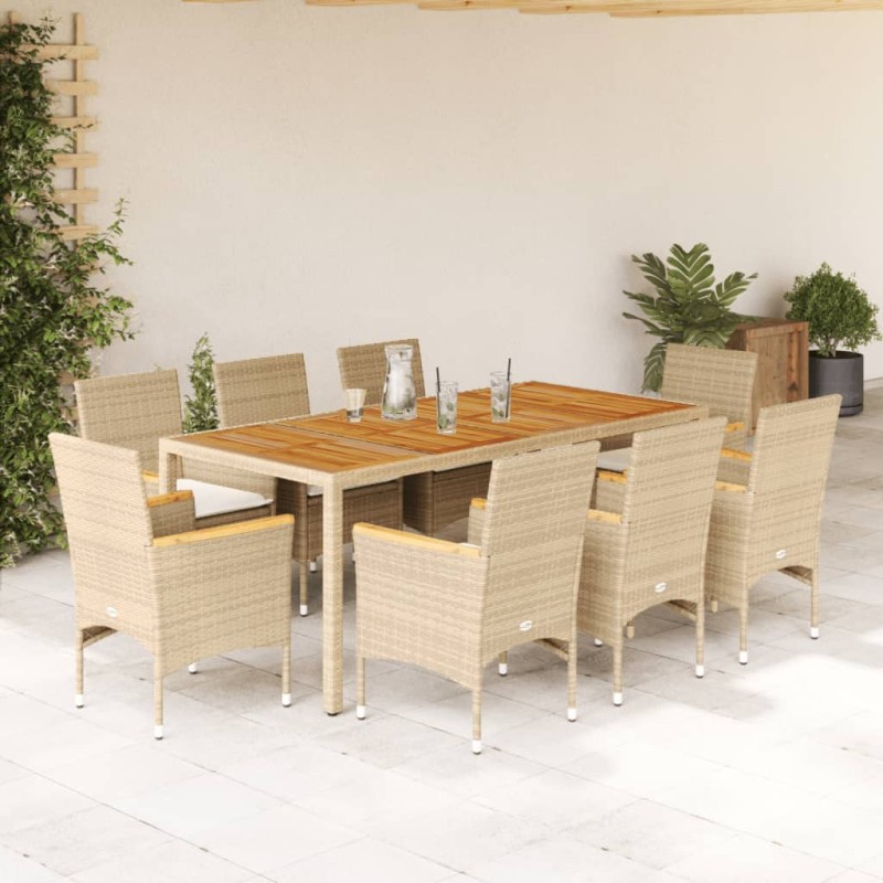 vidaXL 9-tlg. Garten-Essgruppe mit Kissen Beige Poly Rattan Akazie vidaXL 9-tlg. Garten-Essgruppe mit Kissen Beige Poly Rattan Akazie