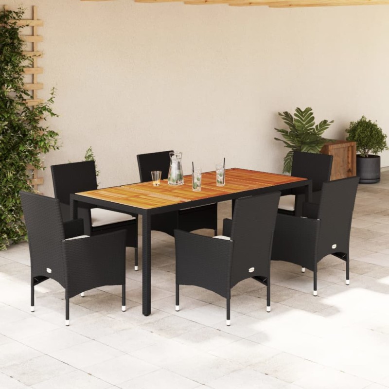 vidaXL 7-tlg. Garten-Essgruppe mit Kissen Schwarz Poly Rattan Akazie vidaXL 7-tlg. Garten-Essgruppe mit Kissen Schwarz Poly Rattan Akazie