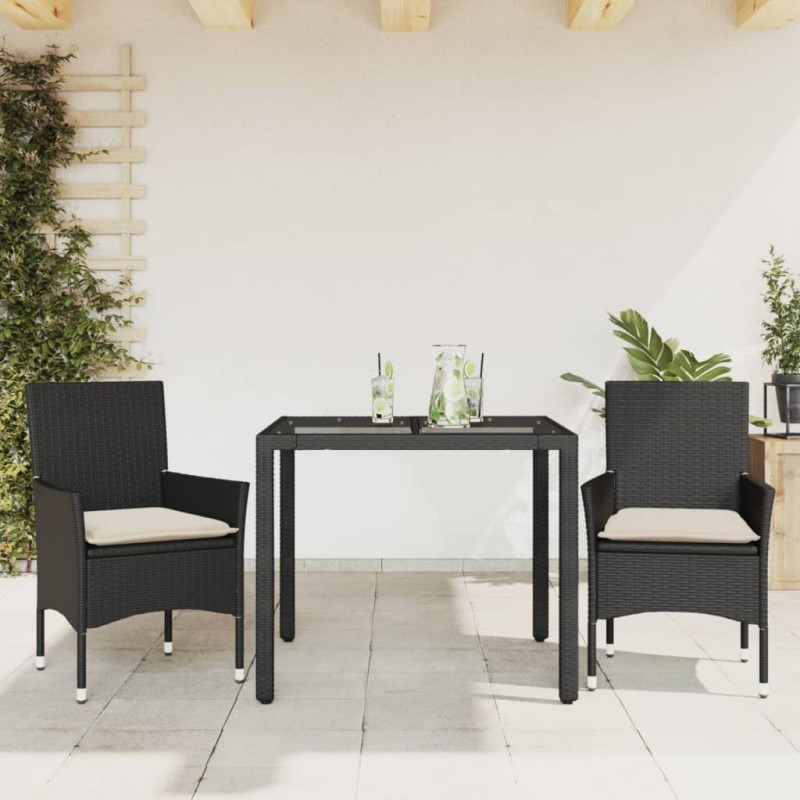 vidaXL 3-tlg. Garten-Essgruppe mit Kissen Schwarz Poly Rattan Glas vidaXL 3-tlg. Garten-Essgruppe mit Kissen Schwarz Poly Rattan Glas