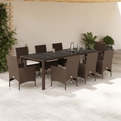 vidaXL 9-tlg. Garten-Essgruppe mit Kissen Braun Poly Rattan Glas
