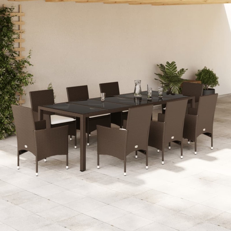 vidaXL 9-tlg. Garten-Essgruppe mit Kissen Braun Poly Rattan Glas vidaXL 9-tlg. Garten-Essgruppe mit Kissen Braun Poly Rattan Glas
