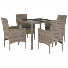 vidaXL 5-tlg. Garten-Essgruppe mit Kissen Grau Poly Rattan und Glas